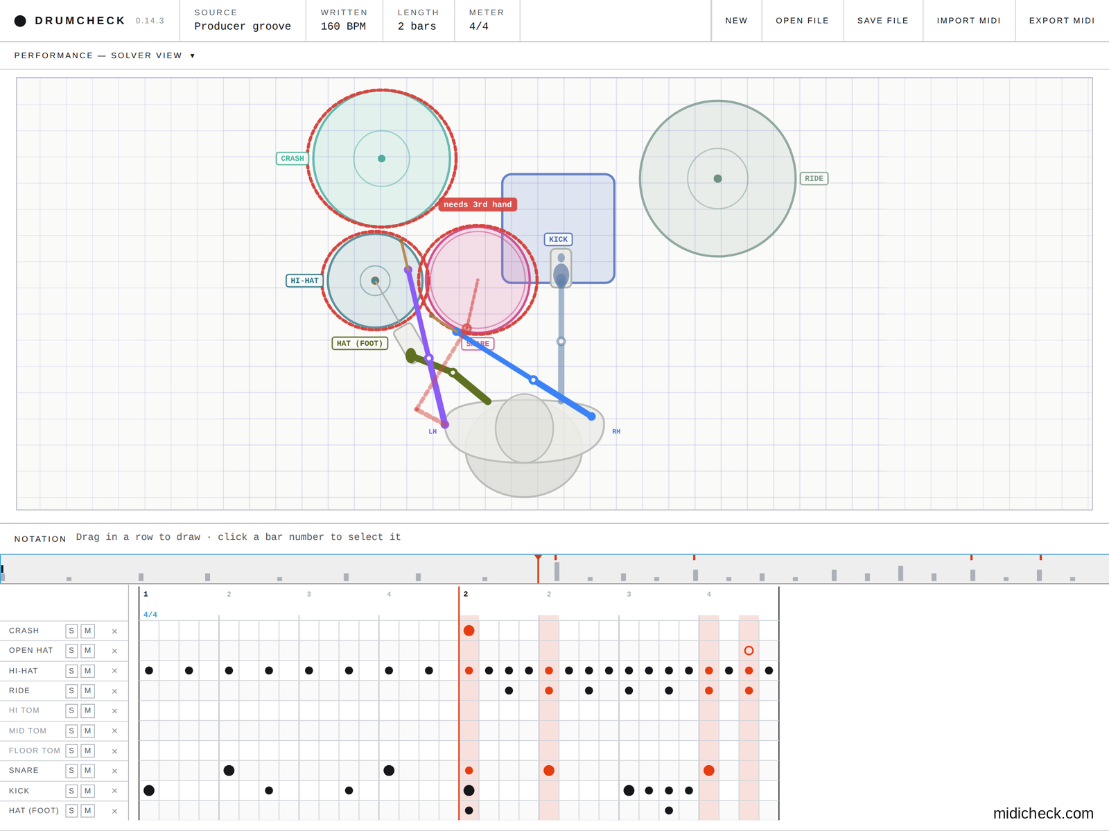 DRUMCHECK showing a passage that would require a third hand, with the conflicting notes marked in red