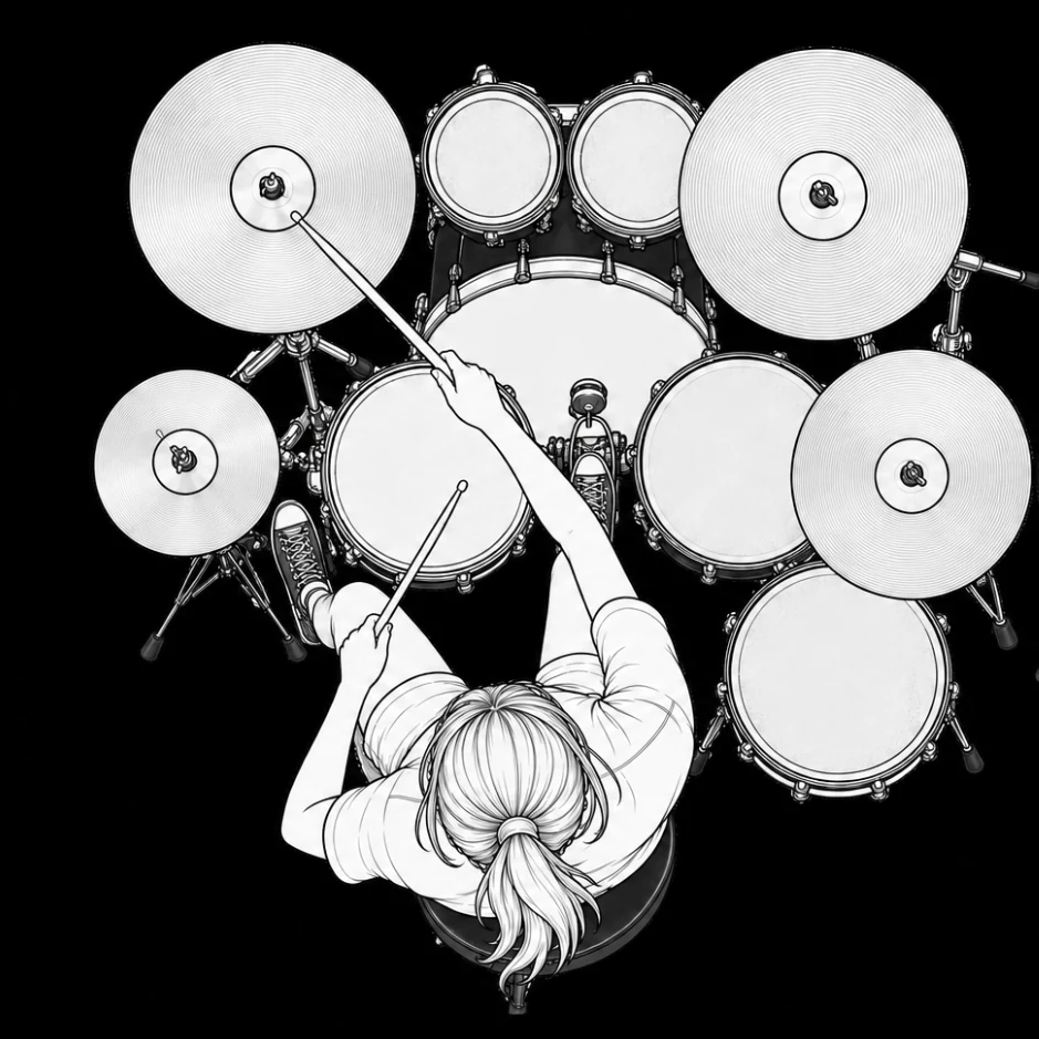 Illustration of a drummer seen from above at a full kit